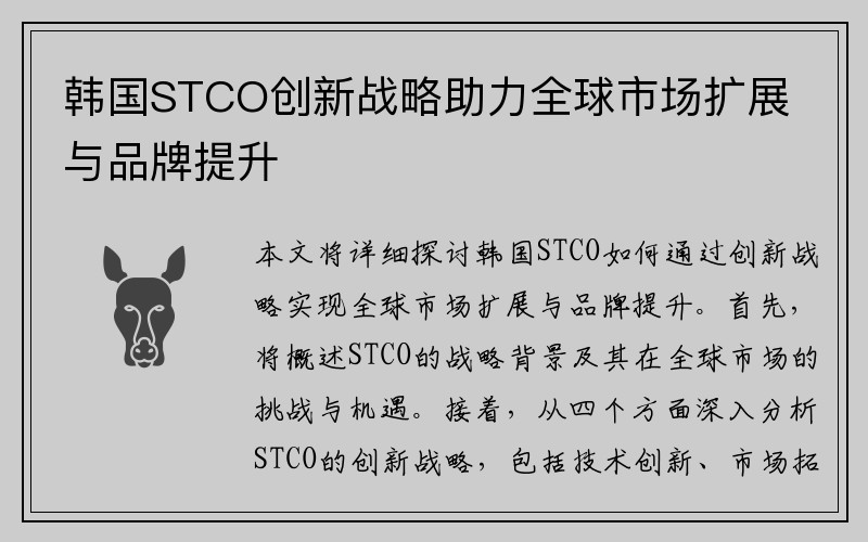 韩国STCO创新战略助力全球市场扩展与品牌提升