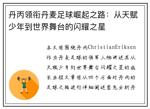 丹丙领衔丹麦足球崛起之路：从天赋少年到世界舞台的闪耀之星